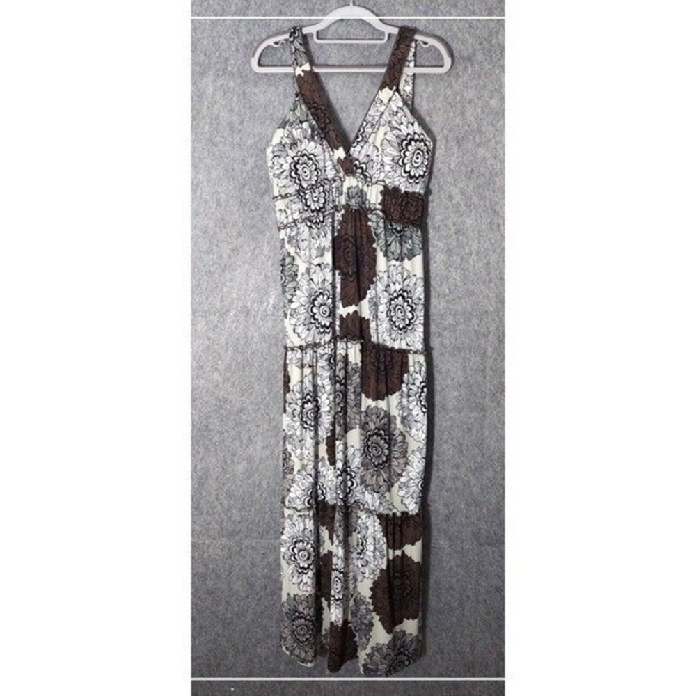 New Directions Dress Women M Gray Tiered Boho Maxi Cottagecore Sleeveless Resort